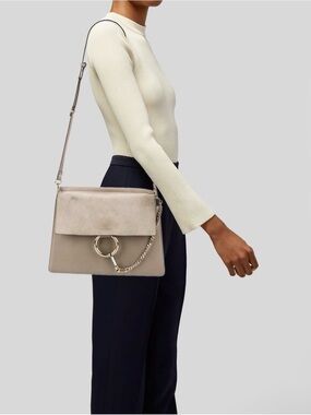 Chloe Faye Taupe Leather & Suede Shoulder Bag with Gold Ring